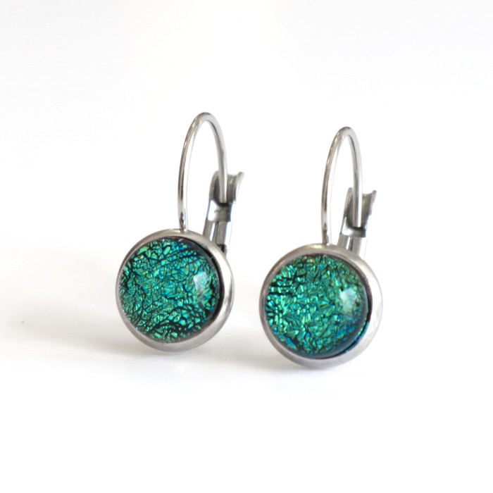 Boucles d'oreilles Dormeuse Argenté Art Deco Demi Perle Agate Bleu SC2